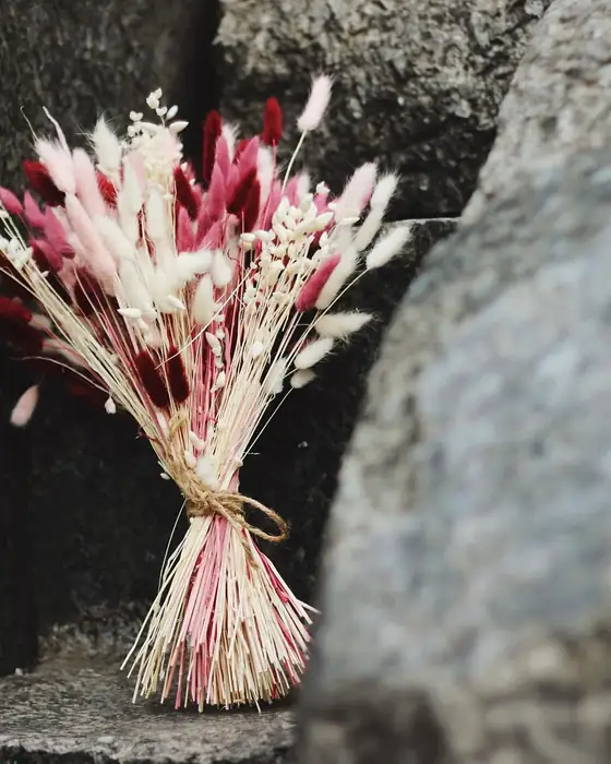 Bukett med tørkede blomster mot betongvegg